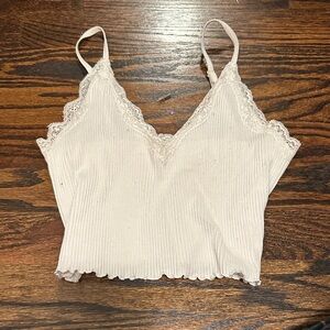 Cream Lace Trim Ribbed Women's Top